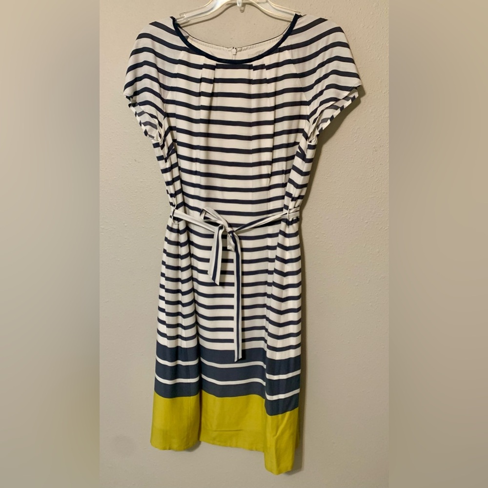 Boden White/Blue Stripped Short Sleeve Sundress with Golden Accent.
